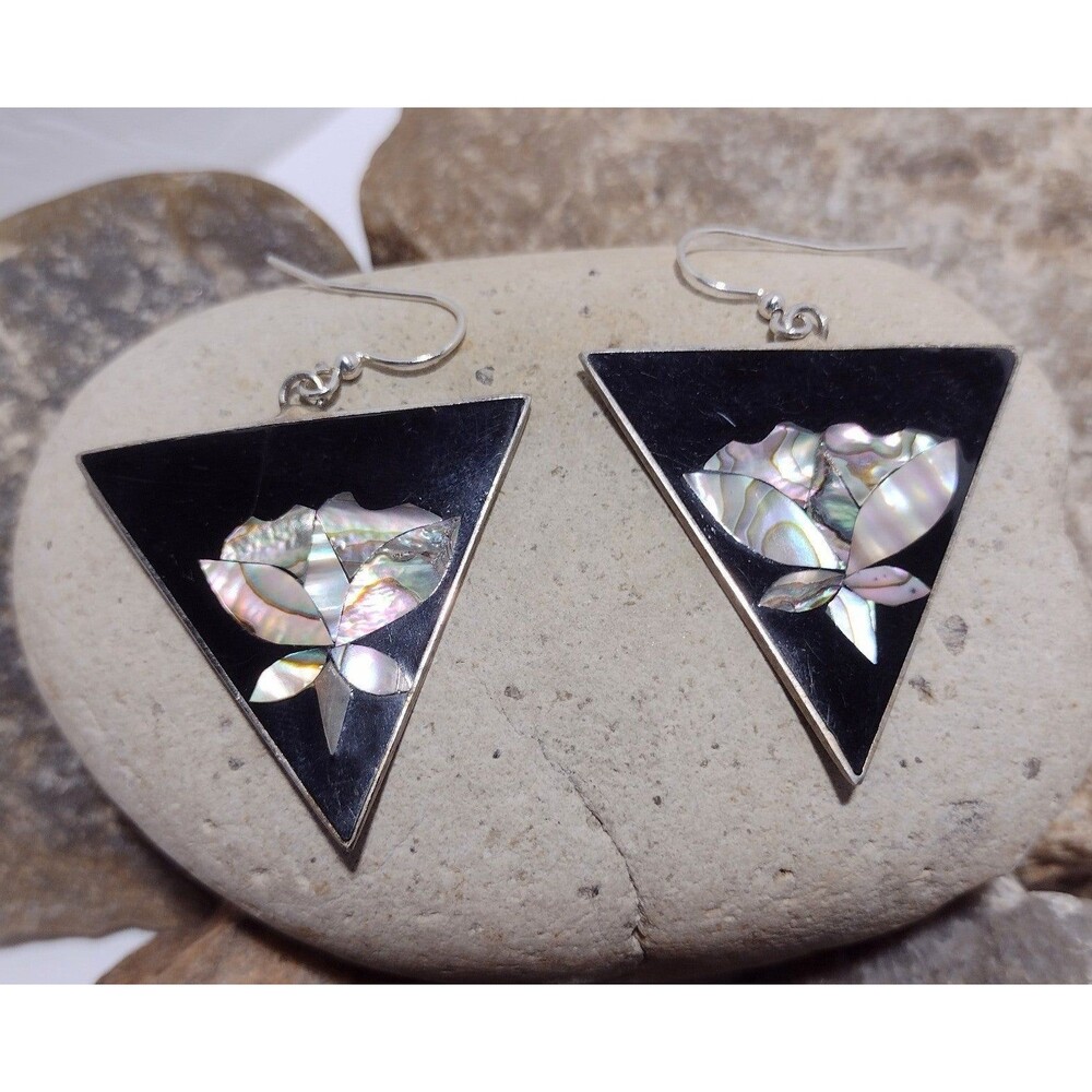 Vintage BIG 2" Alpaca Silver Abalone Shell Inlay Dangle Earrings